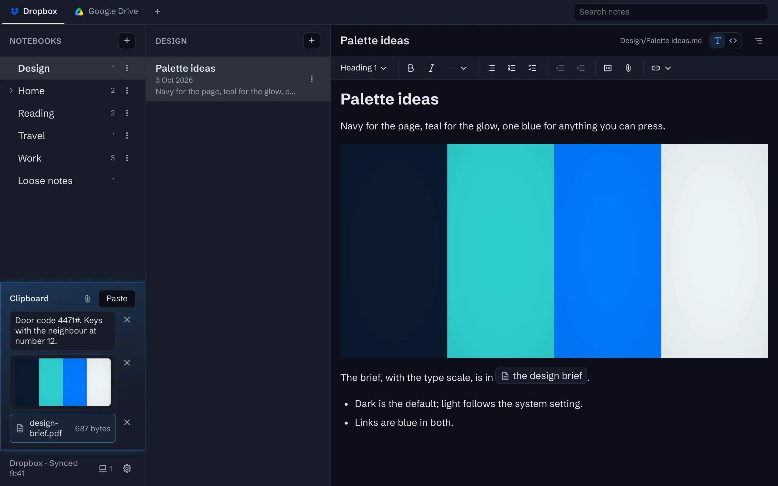 The clipboard at the foot of the sidebar, lit while it holds anything: a line of text, a picture and a PDF put there from a phone, each with a Remove.
