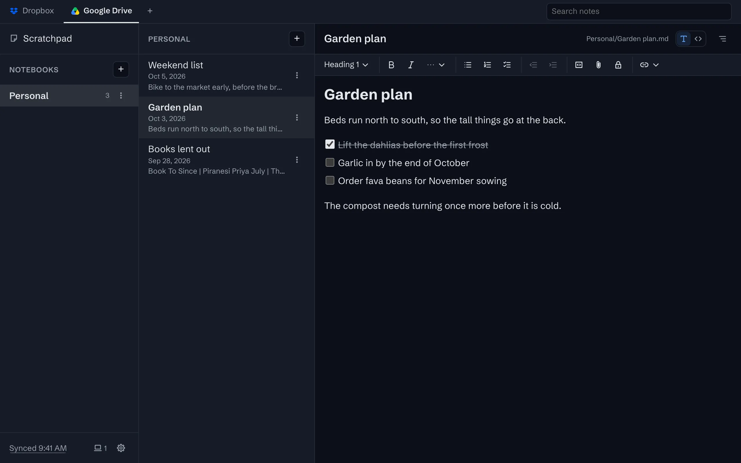 A Dropbox and a Google Drive account as tabs across the top, Google Drive in front with its own notebooks, and the status line reading Synced 9:41 AM.