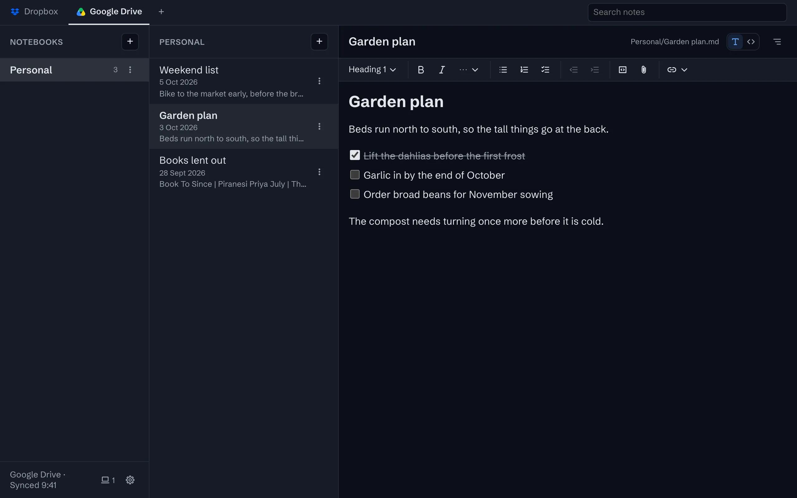 A Dropbox and a Google Drive account as tabs across the top, Google Drive in front with its own notebooks, and the status line reading Google Drive, synced at 9:41.