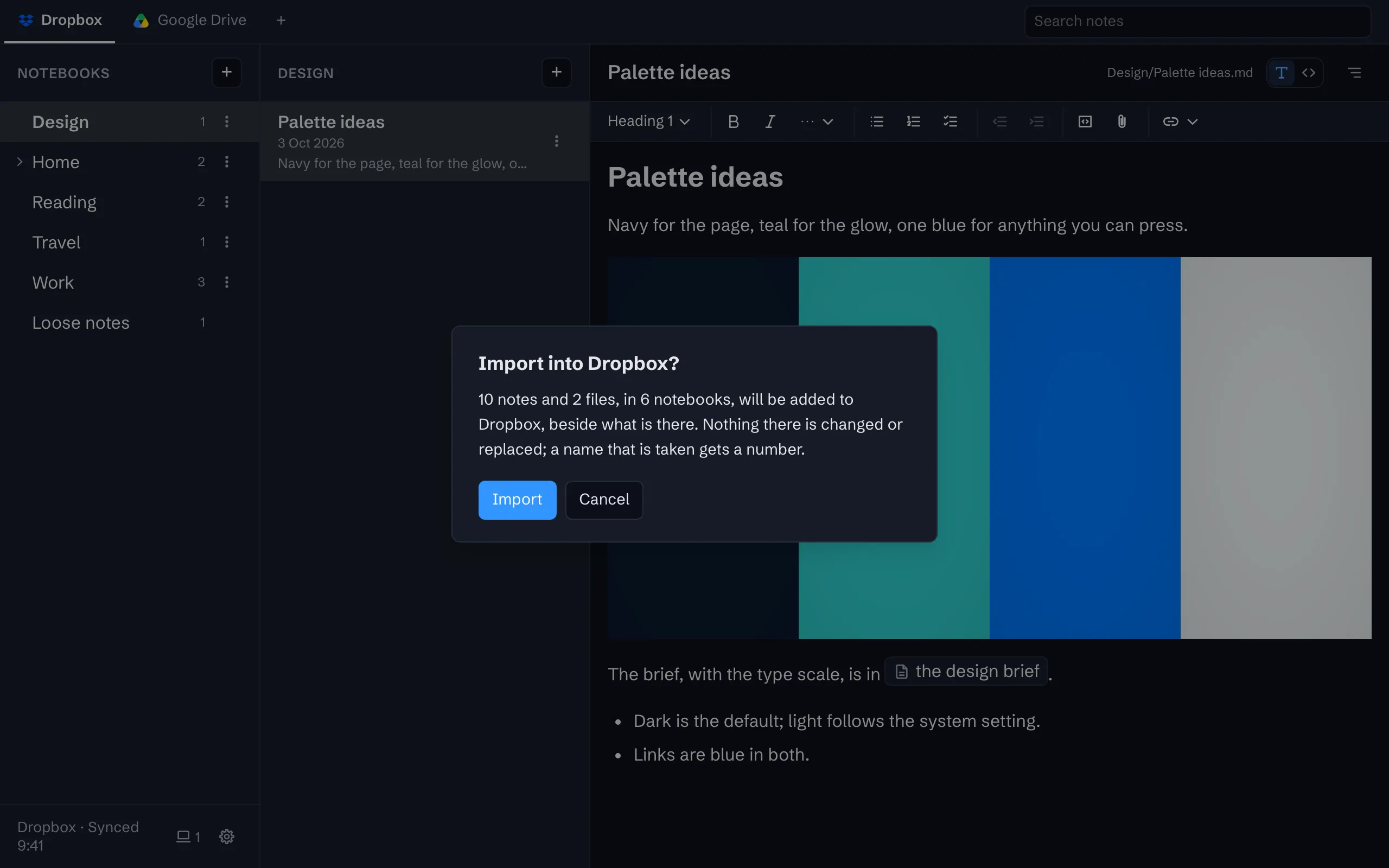 The import question: 10 notes and 2 files in 6 notebooks will be added, and nothing already there is changed or replaced.