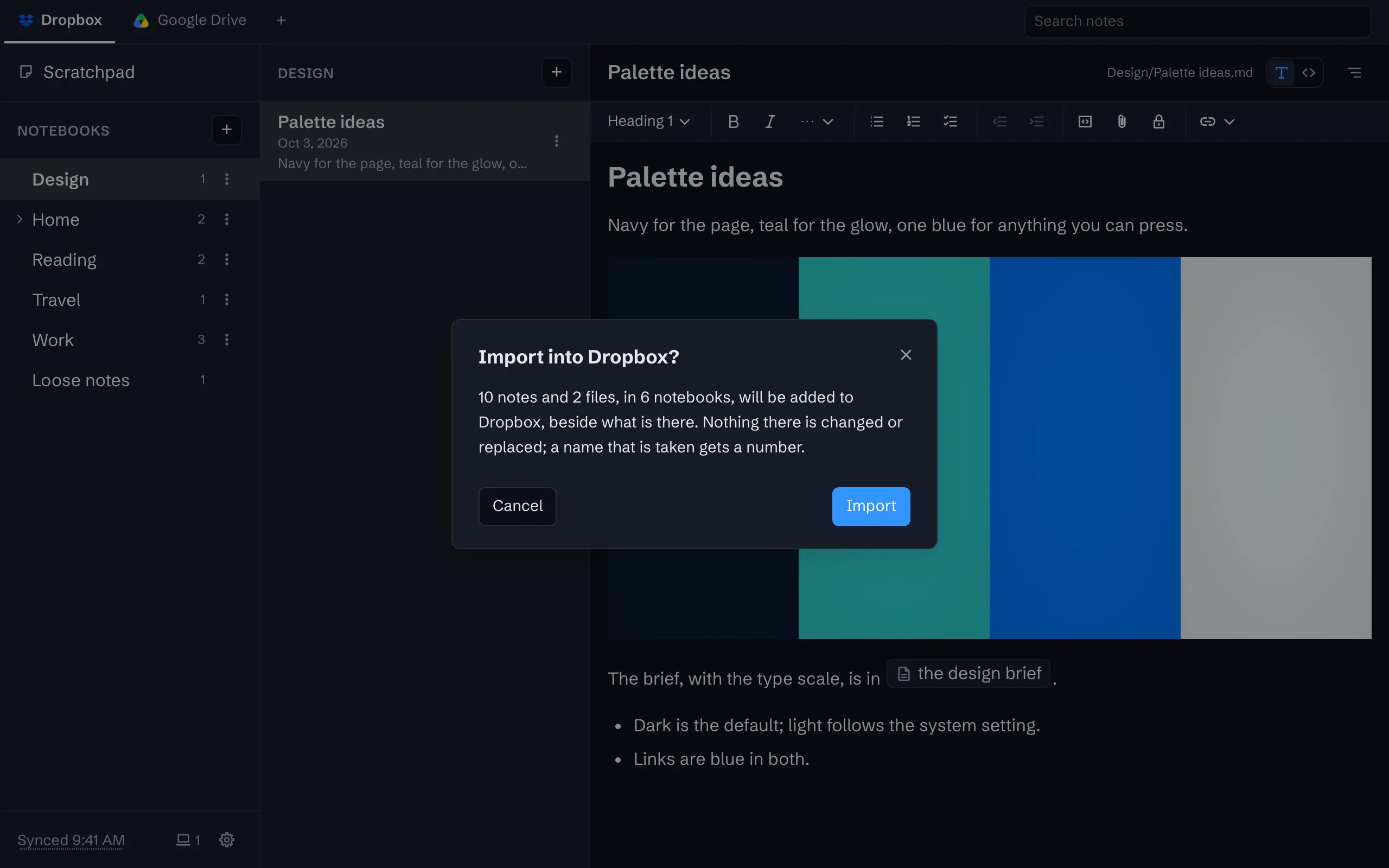 The import question: 10 notes and 2 files in 6 notebooks will be added, and nothing already there is changed or replaced.