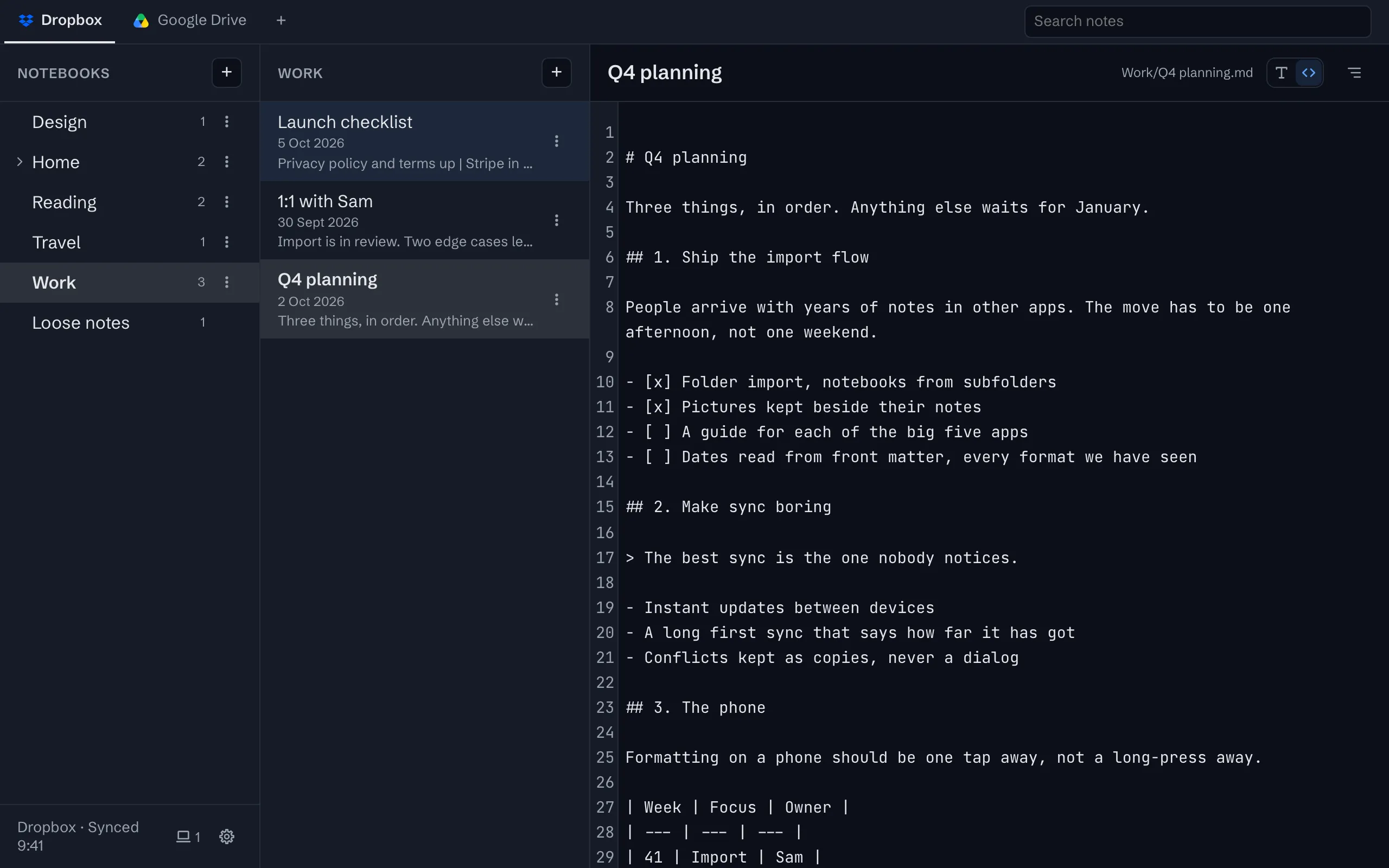 The same note shown as raw Markdown, with its headings, task list and table as text.