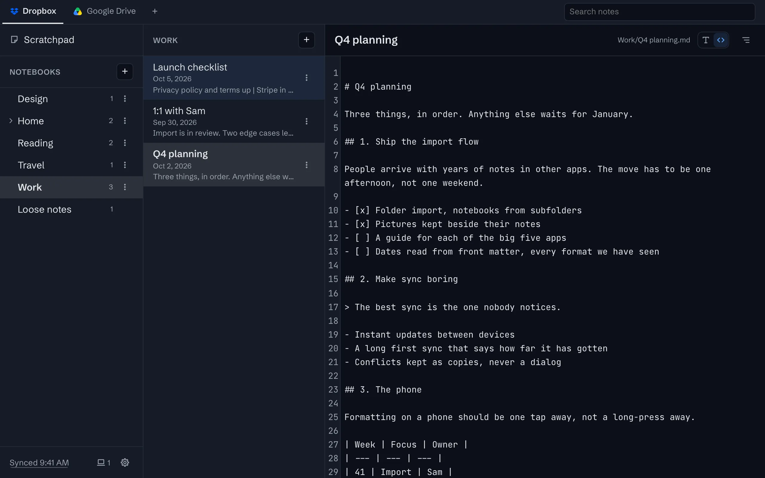 The same note shown as raw Markdown, with its headings, task list and table as text.