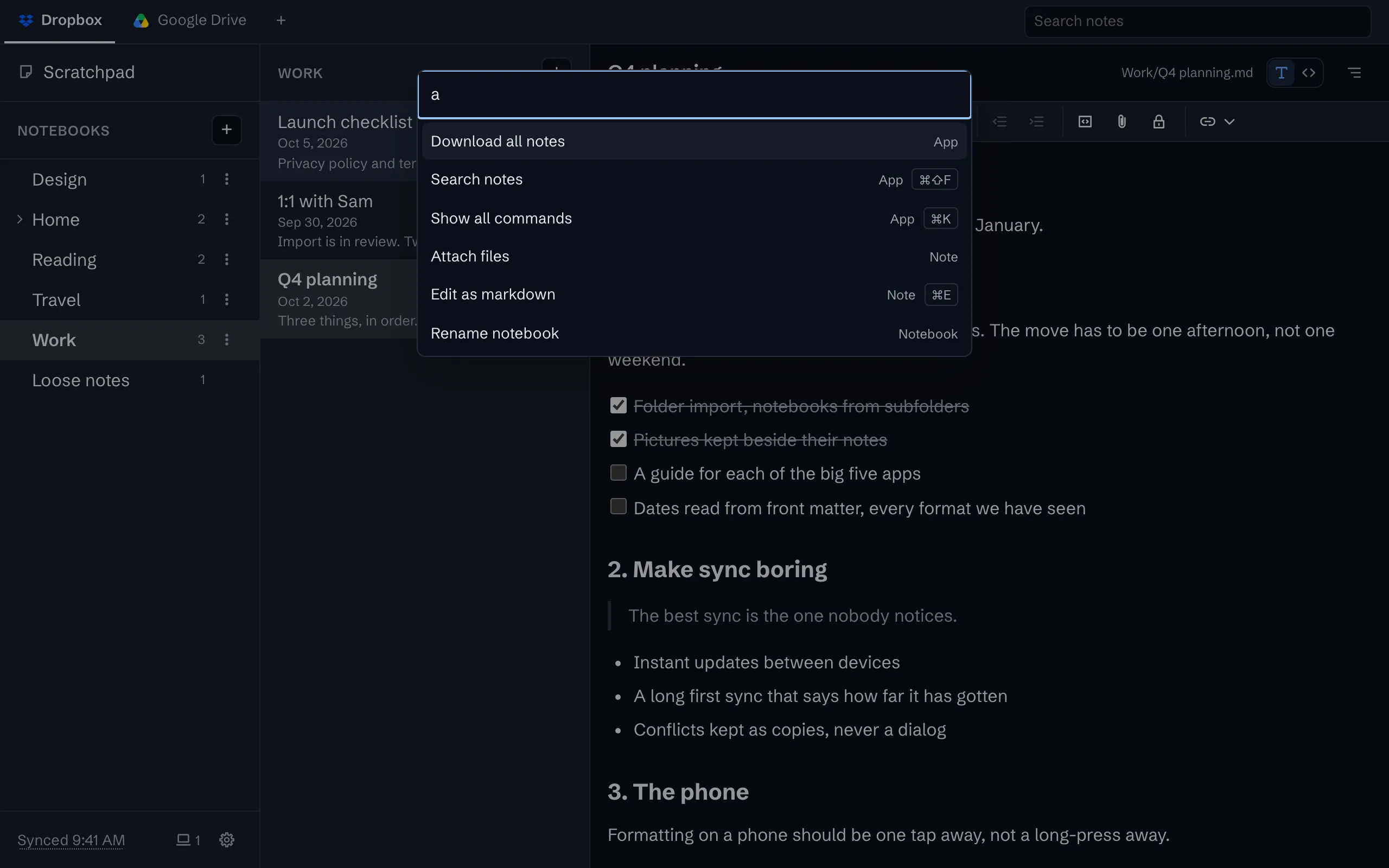 The command palette open over a note, listing commands that match what has been typed.