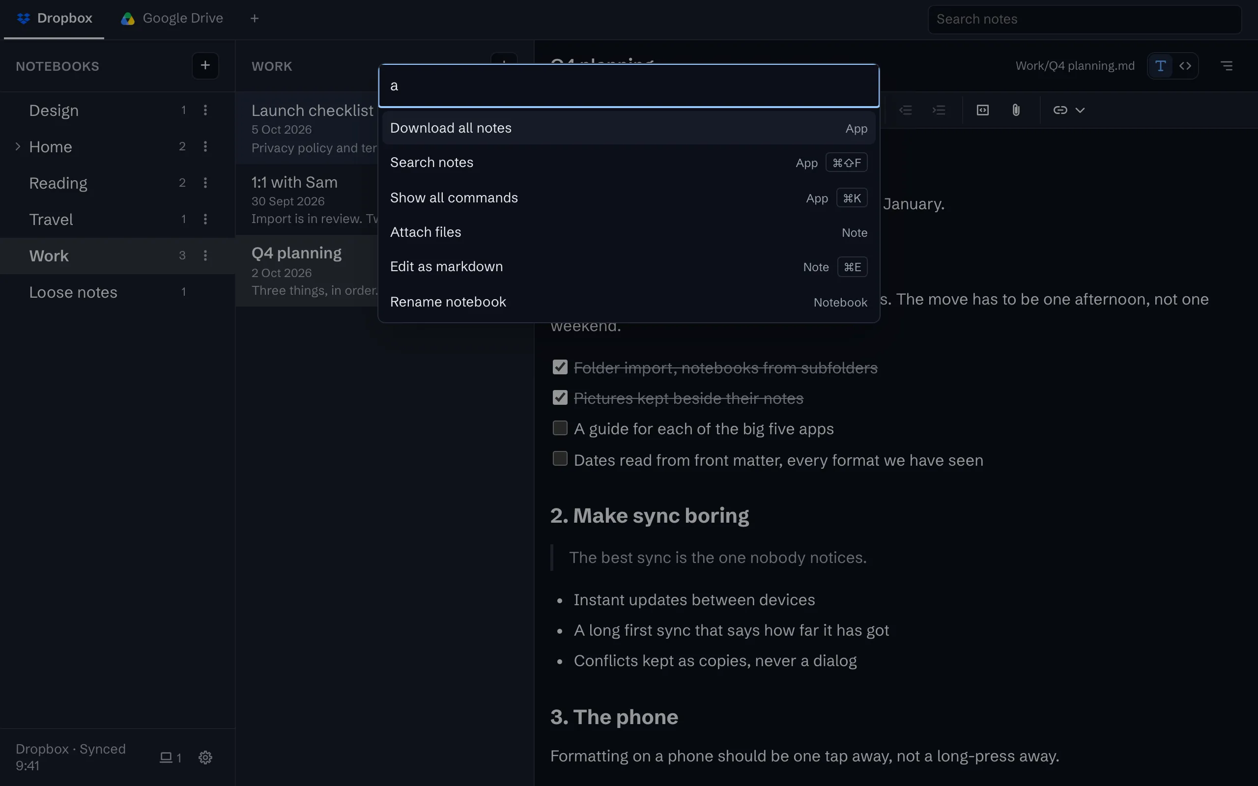 The command palette open over a note, listing commands that match what has been typed.