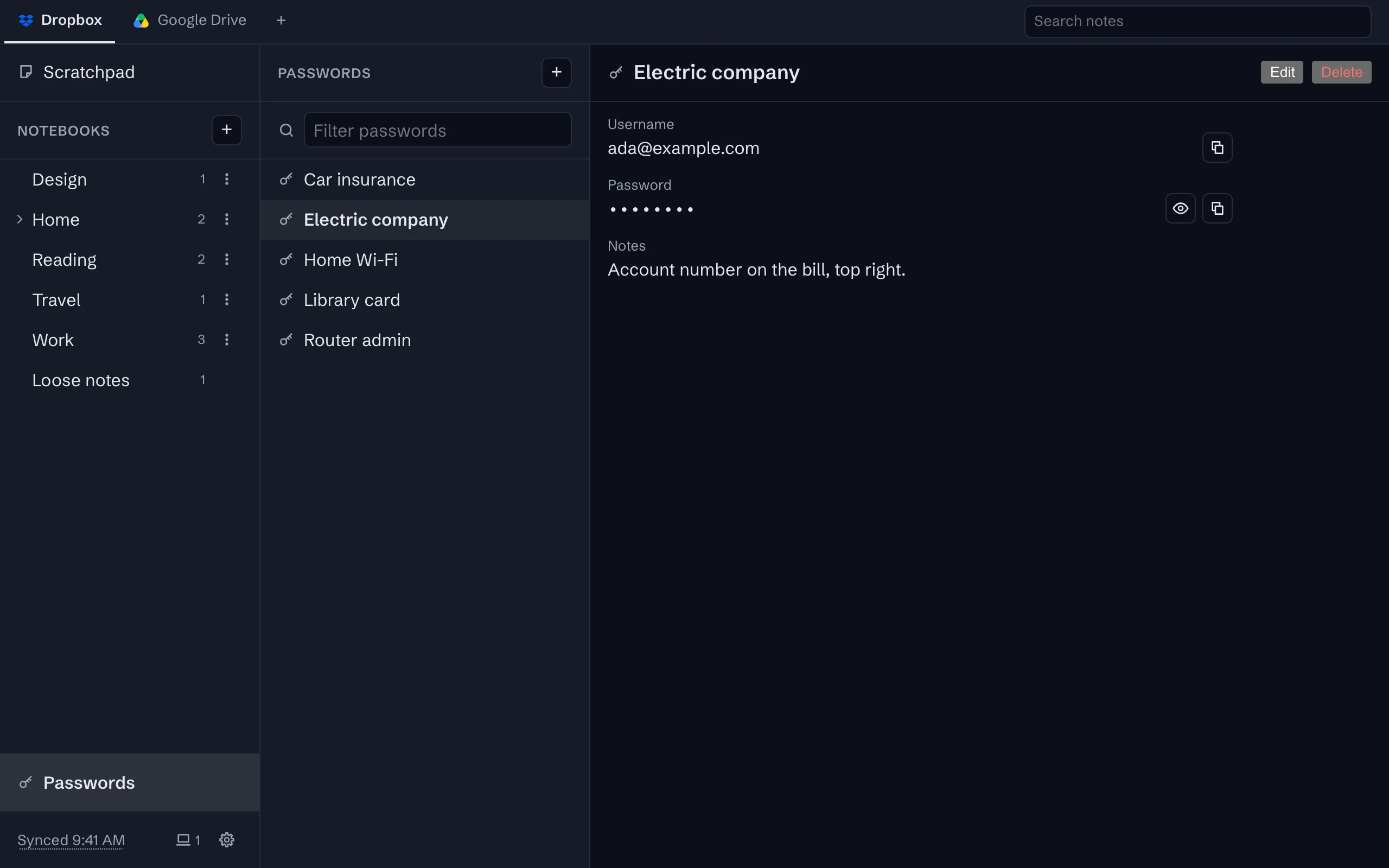 Passwords under the notebooks, listing Car insurance, Electric company, Home Wi-Fi, Library card and Router admin, with Electric company open: its username, its password as dots with Show and Copy, and its notes.