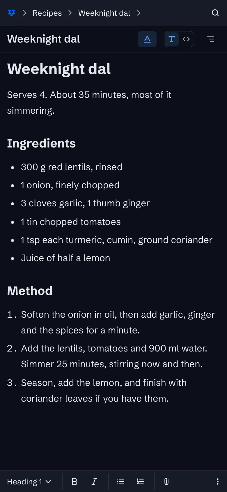 The app on a phone: a recipe open, with the notebook and the note as a path across the top and the formatting bar shown.