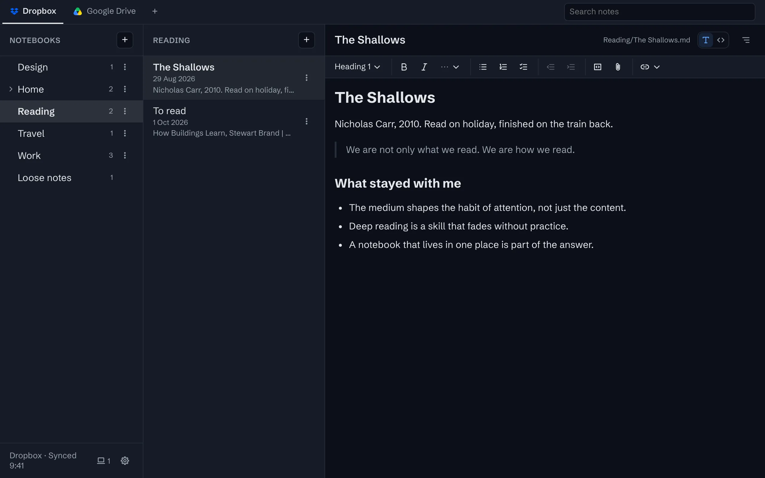 A reading note open in the editor, with the notebooks and the list of notes beside it, in dark mode