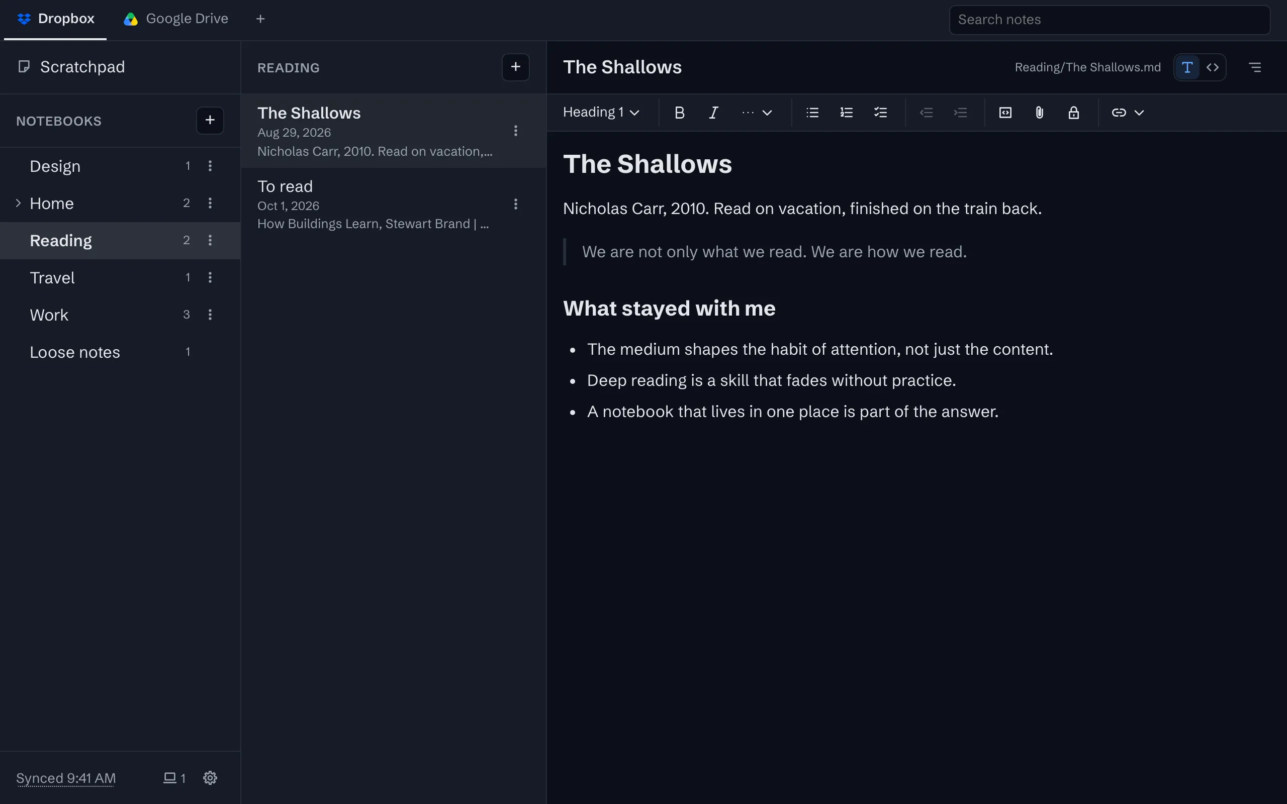 A reading note open in the editor, with the notebooks and the list of notes beside it, in dark mode