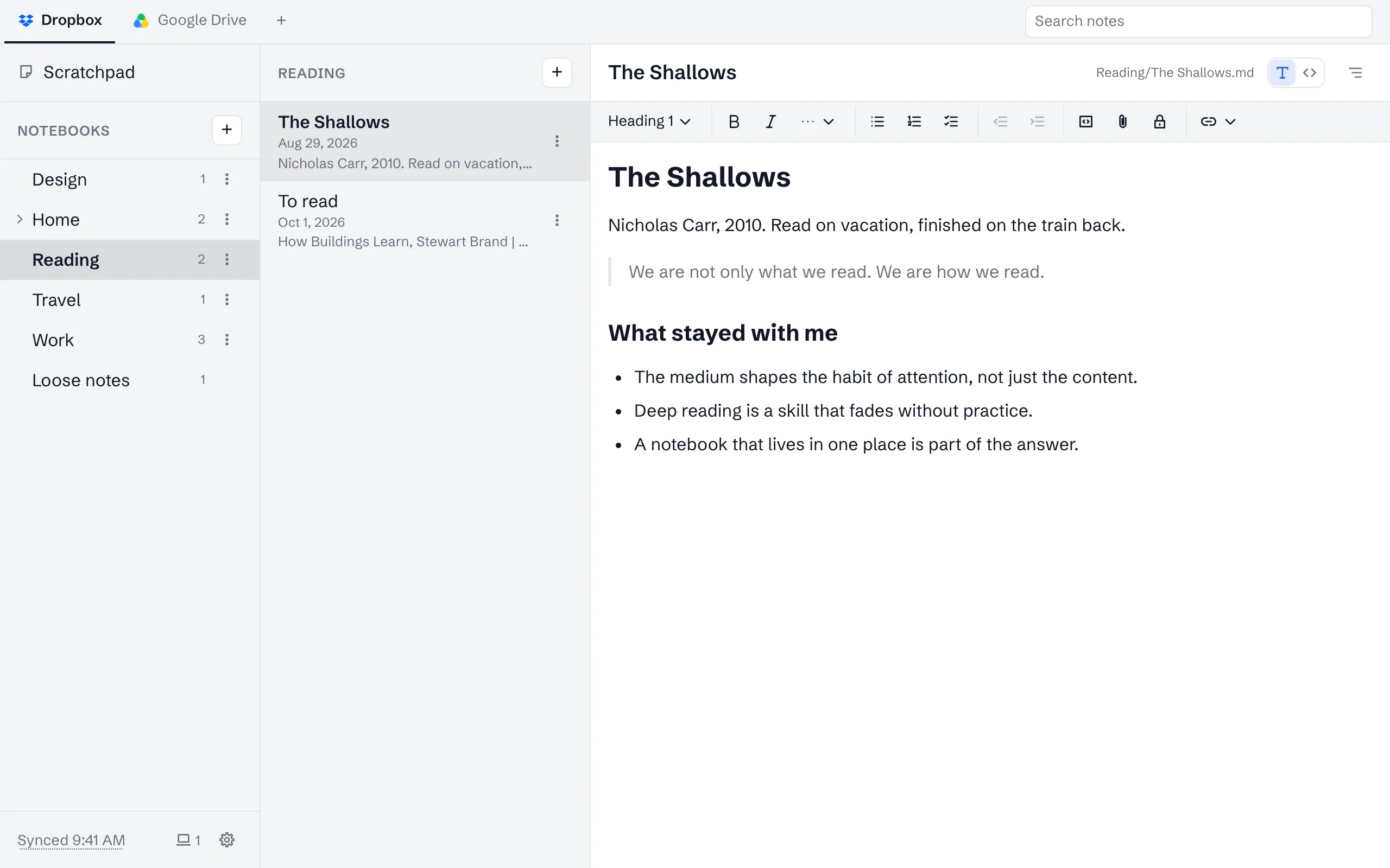 A reading note open in the editor, with the notebooks and the list of notes beside it, in light mode