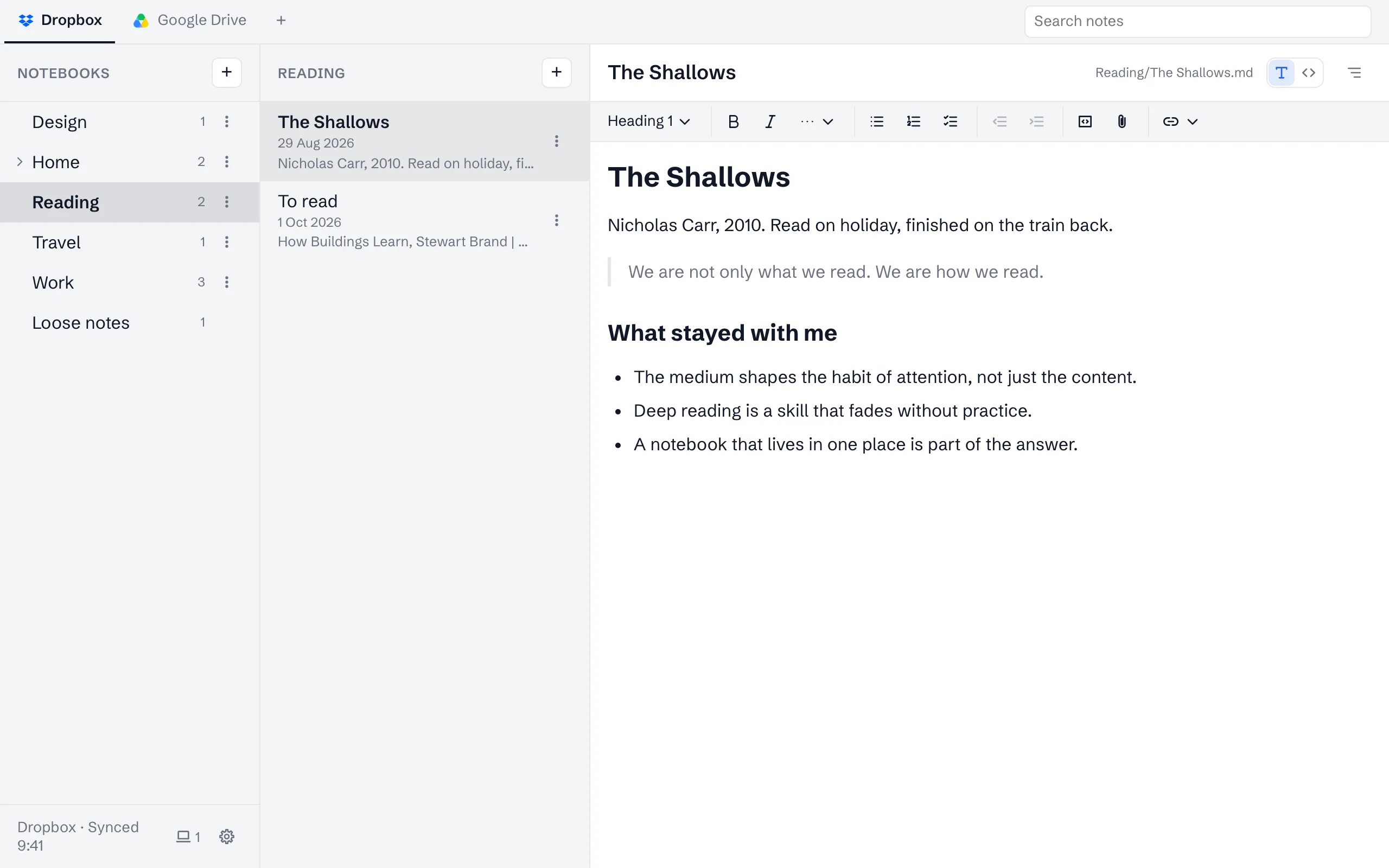 A reading note open in the editor, with the notebooks and the list of notes beside it, in light mode