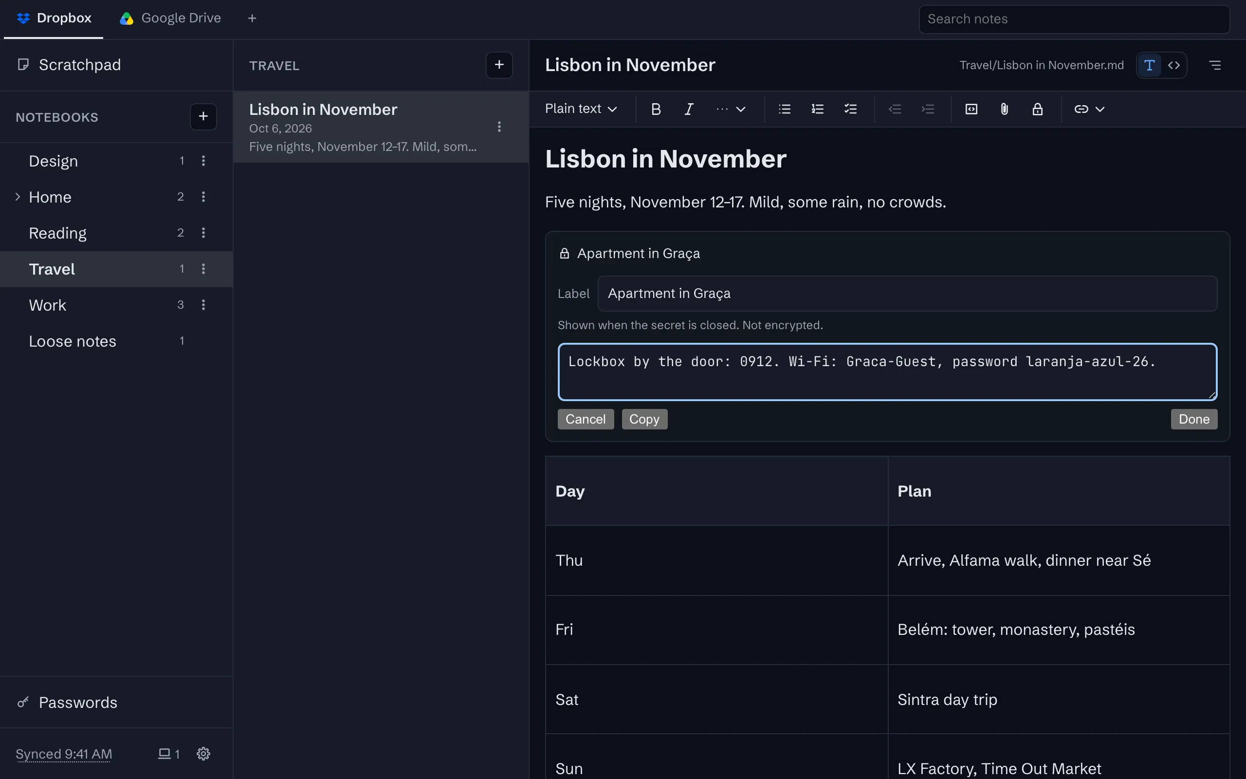 A secret revealed in a note about a trip to Lisbon: its label, Apartment in Graça, marked as not encrypted, and the lockbox code and the Wi-Fi password in a panel with Cancel, Copy and Done.