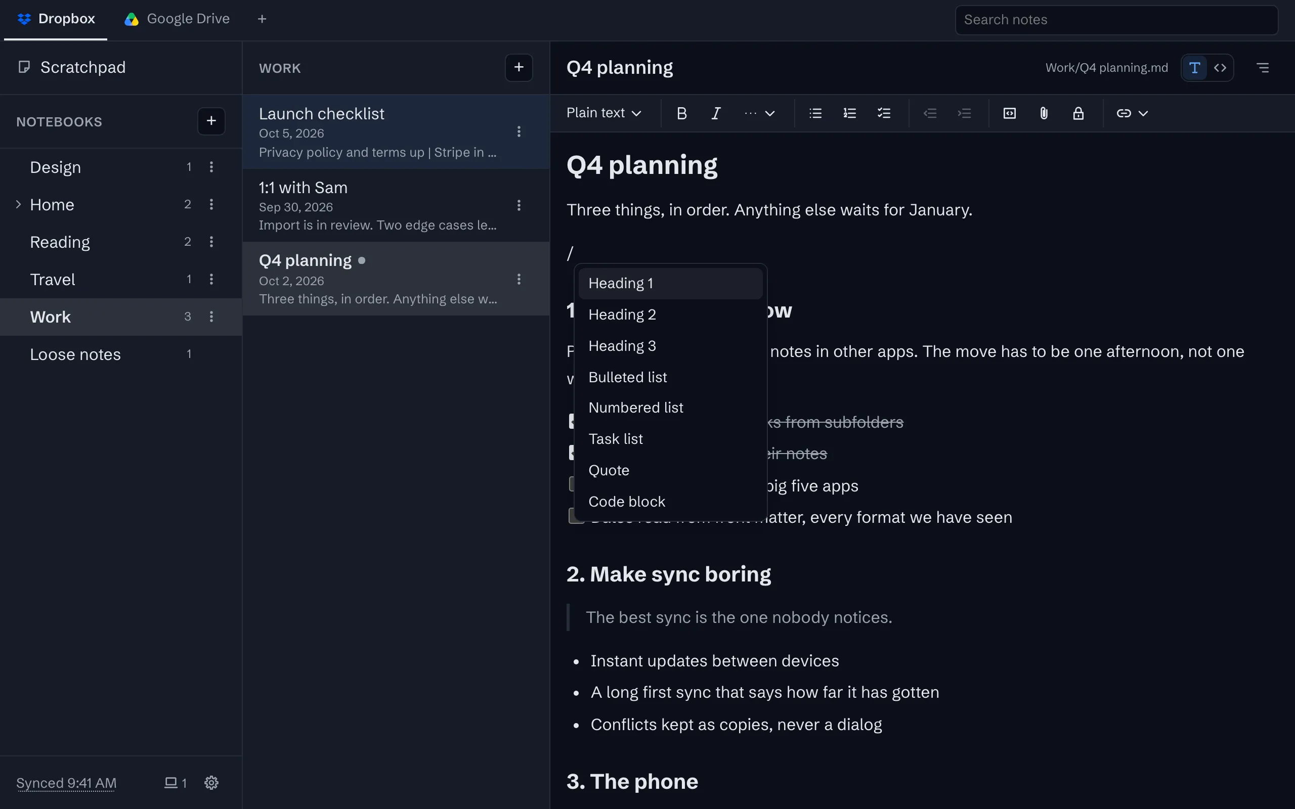 The slash menu open on an empty line, offering headings, lists, a task list, a quote, a code block, a table and more.