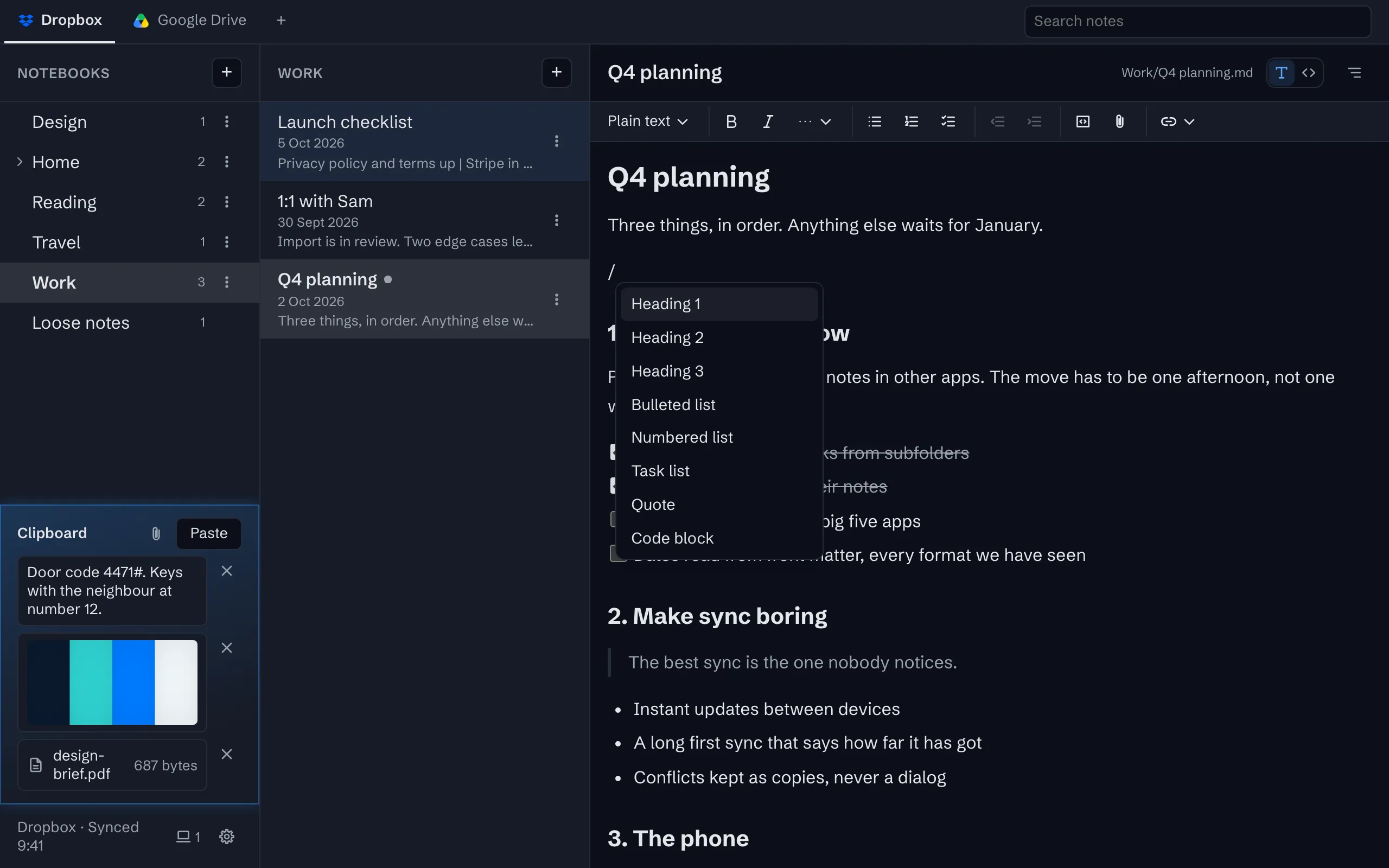 The slash menu open on an empty line, offering headings, lists, a task list, a quote, a code block, a table and more.