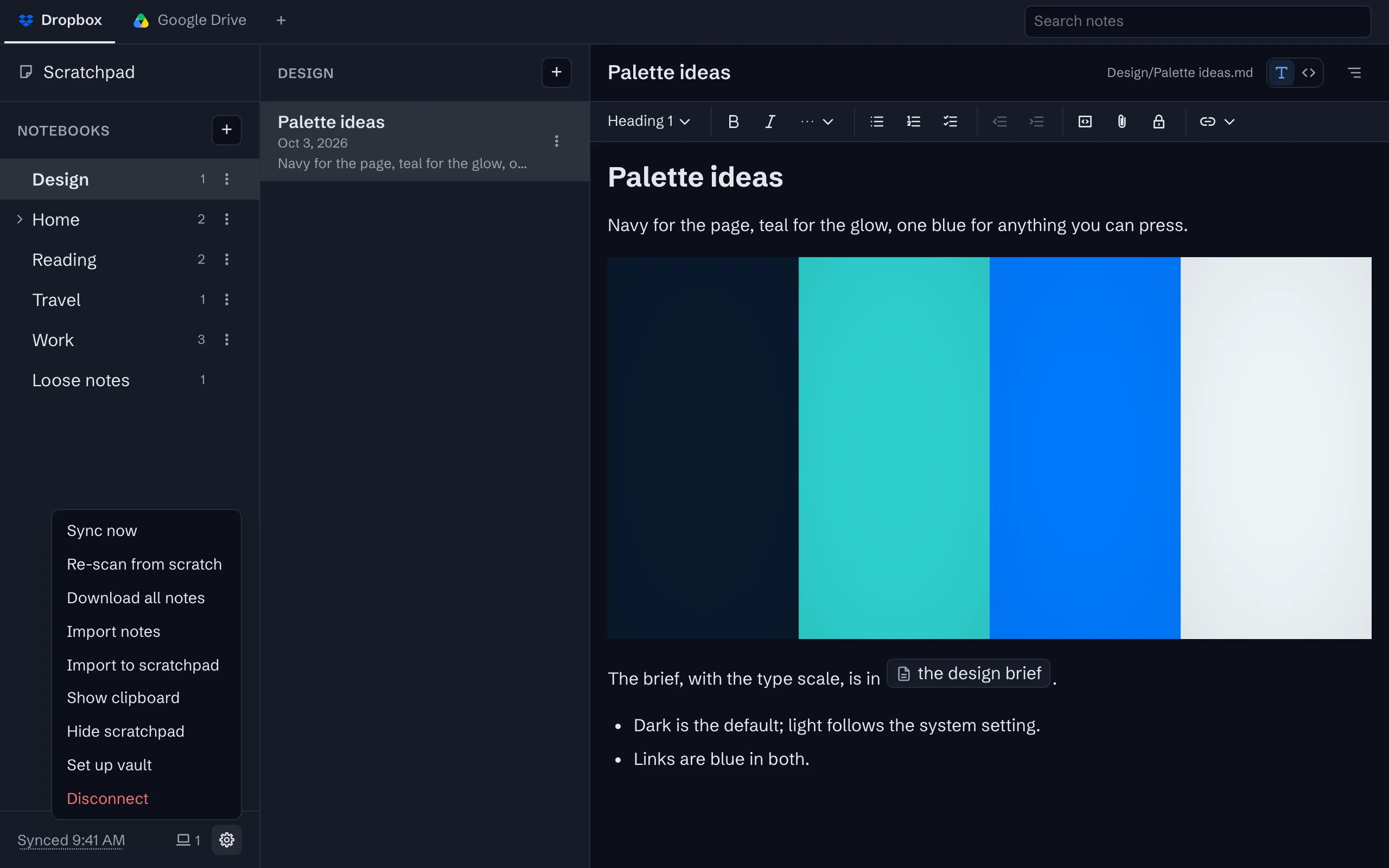 The storage menu open on a connected Dropbox, offering Sync now, Re-scan from scratch, Download all notes, Import notes, Import to scratchpad, Show clipboard, Hide scratchpad and Set up vault, with Disconnect at the foot.