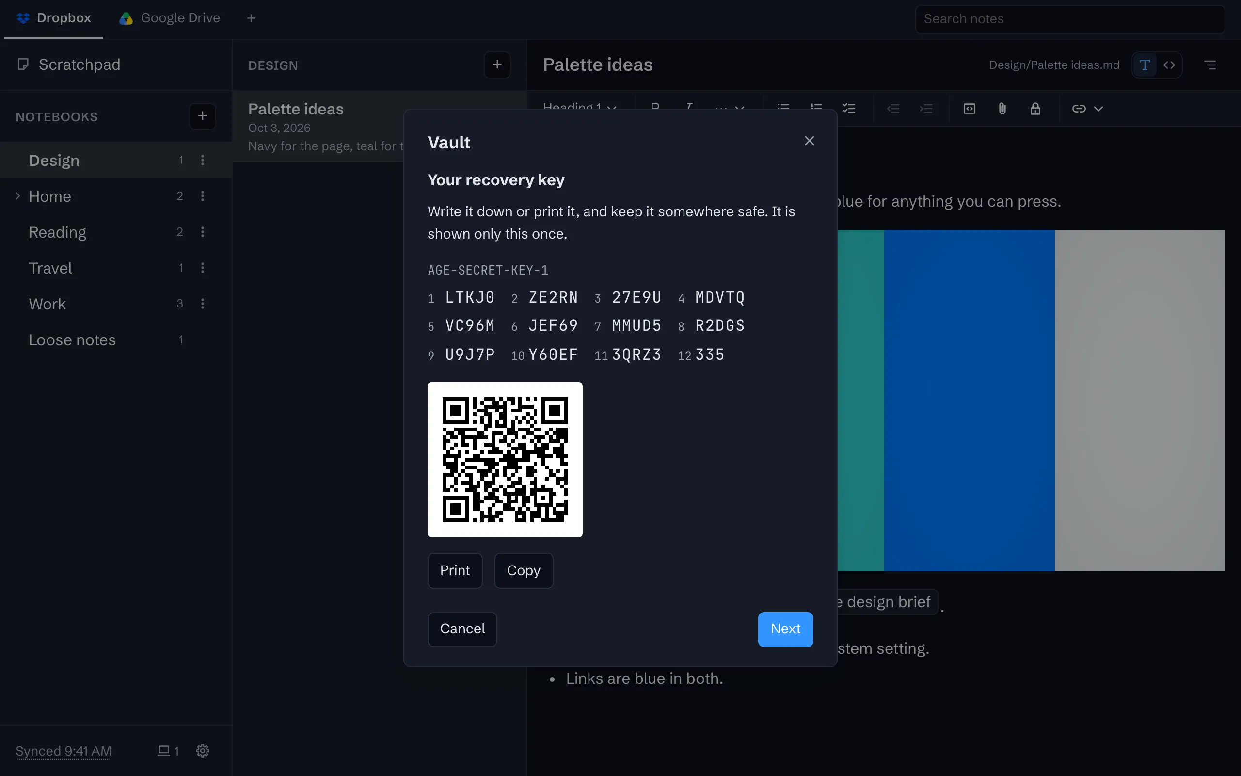 The Vault dialog showing a new recovery key, once: AGE-SECRET-KEY-1 and twelve numbered groups of five characters, the same key as a QR code, Print and Copy, and Next.